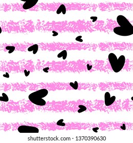 Black hearts cute trendy seamless girlish pattern with texture on striped background. Hand drawn, grunge brush or charcoal texture. Applicable for paper or textile print, web banners etc