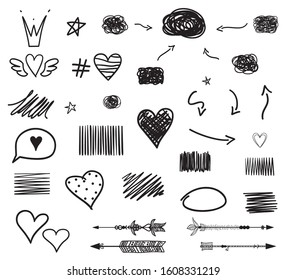 Black hearts and different outline elements on isolated white background. Set of hearts for your design. Black and white illustration