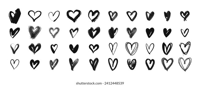 Black hearts. Drawn hearts. Doodle symbols of love. Vector illustration