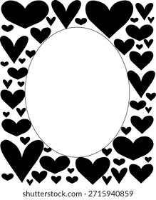 Corações pretos Quadro retângulo oval Dia dos Namorados. Ilustração em preto e branco com linhas gráficas vetoriais. Ilustração para salão de beleza, loja de cosméticos, design de maquiagem.
