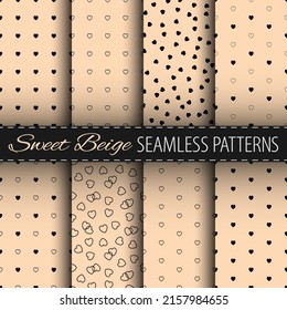Black hearts on beige background. Vector seamless patterns collection. Best for textile, scrapbooking, wrapping paper, package and home decoration.