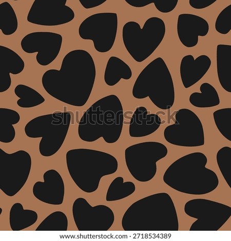 Black hearts on brown background seamless pattern. Vector illustration. Abstract heart-shaped leopard print.