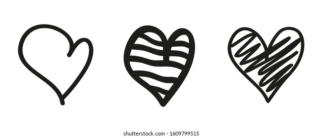 Black hearts on isolated white background. Valentine's day. Black and white illustration