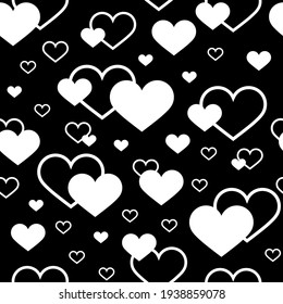 Black Hearts on white background. Valentines Day. Modern seamless pattern. Vector illustration. The idea for holiday designs, greeting cards, holiday prints, designer packaging, textile, fabric, etc.