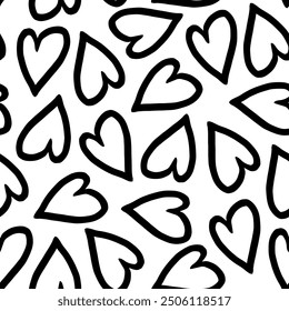 Black hearts outline on white background seamless pattern. Hearts line art, sketch. Love black and white background. Valentine's day, mother's day, wedding, birthday texture, wallpaper.