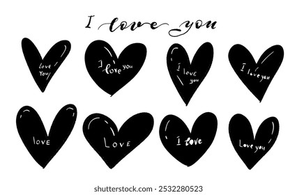 Black hearts with the phrase "I love you" written in various styles inside them. Perfect for decorative and creative uses