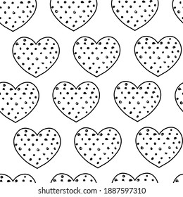 Los corazones negros con puntos negros de polka. Patrón vectorial sin fisuras de corazones en puntos de polka. 