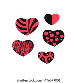 Black hearts with red pattern isolated on white, vector illustration for Saint Valentine's day or wedding card