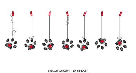 Black hearts with red hearts paw prints. Happy Valentine's day greeting card