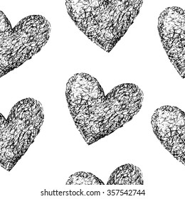 Black hearts seamless pattern. Hand drawn illustration. Vintage background. Valentine background.