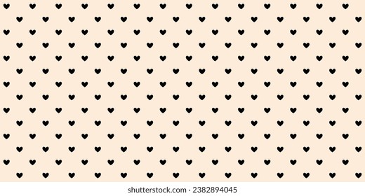 Black hearts seamless pattern on beige background. Valentines polka dot repeating wallpaper. Heart-shaped decorative texture for textile, fabric, cover, poster, banner, print, card. Vector backdrop