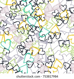 Black hearts seamless pattern. Scattered little gray, yellow, green love symbols. Endlessly repeating falling sketch heart shape on white valentine background. Hand draw texture. Vector illustration.