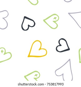 Black hearts seamless pattern. Scattered little gray, yellow, green love symbols. Endlessly repeating falling sketch heart shape on white valentine background. Hand draw texture. Vector illustration.