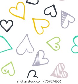 Black hearts seamless pattern. Scattered little gray, yellow, green love symbols. Endlessly repeating falling sketch heart shape on white valentine background. Hand draw texture. Vector illustration.