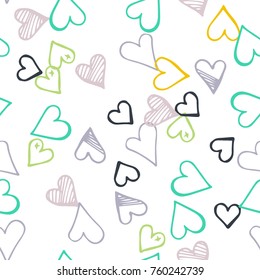 Black hearts seamless pattern. Scattered little gray, yellow, green love symbols. Endlessly repeating falling sketch heart shape on white valentine background. Hand draw texture. Vector illustration.