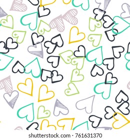 Black hearts seamless pattern. Scattered little gray, yellow, green love symbols. Endlessly repeating falling sketch heart shape on white valentine background. Hand draw texture. Vector illustration.