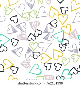 Black hearts seamless pattern. Scattered little gray, yellow, green love symbols. Endlessly repeating falling sketch heart shape on white valentine background. Hand draw texture. Vector illustration.