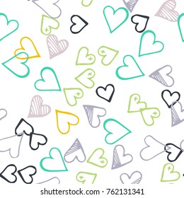 Black hearts seamless pattern. Scattered little gray, yellow, green love symbols. Endlessly repeating falling sketch heart shape on white valentine background. Hand draw texture. Vector illustration.