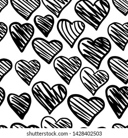 Black hearts seamless pattern. Valentines Day backdrop. 14 february background. Hand drawn ornament, texture on background. Wedding template. Vector illustration.