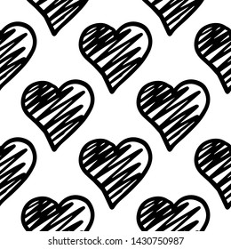 Black hearts seamless pattern. Valentines Day backdrop. 14 february on white background. Hand drawn ornament, texture. Wedding template. Vector illustration.