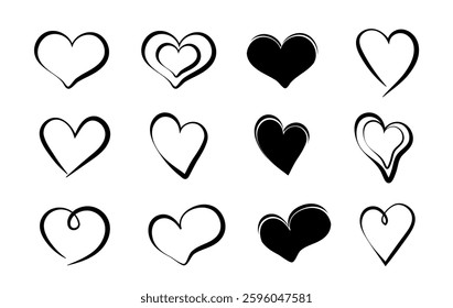 Black hearts set. Grungy and dirty hand drawn drawings. Romance and love, passion. Minimalistic creativity and art. Linear vector collection isolated on white background