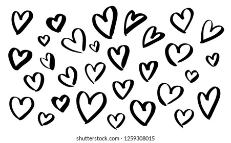 Black hearts shapes silhouettes in marker or paint stroke style, vector elements set isolated on white background