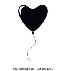 Black heart-shaped balloon floating with string in a minimalist design