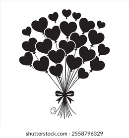 Black HeartShaped Balloons in a Bouquet silhouette on white background
