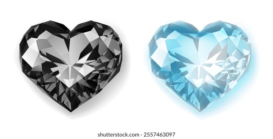 A black heart-shaped diamond next to a glowing light blue heart-shaped diamond, both with intricate facets and a polished finish. With soft shadow on white background.