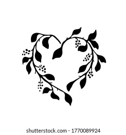 black heart-shaped wreath of leaves, ecology concept, doodle drawing simple vector illustration isolated on white background