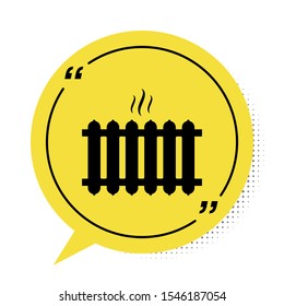 Black Heating radiator icon isolated on white background. Yellow speech bubble symbol. Vector Illustration