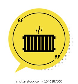 Black Heating radiator icon isolated on white background. Yellow speech bubble symbol. Vector Illustration