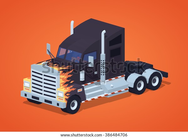 Black heavy american truck with the fire\
pattern against the red background. 3D lowpoly isometric vector\
illustration