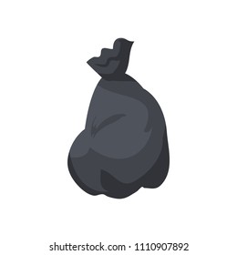 Black heavy polyethylene sack full of garbage. Litter in special capacious bag. Package that contains rubbish isolated cartoon vector illustration.