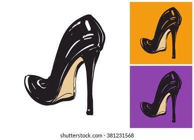 Black heel vector sketch in fashion style on white, yellow and purple background.