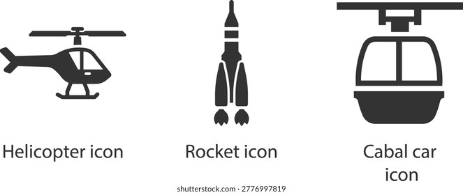 Black helicopter icon, rocket icon, and cabal car icon set, modern vector symbols for design