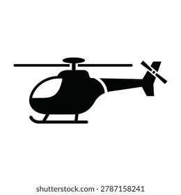 A black helicopter silhouette flying in the sky with rotor blades spinning fast