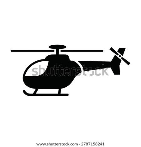 A black helicopter silhouette flying in the sky with rotor blades spinning fast