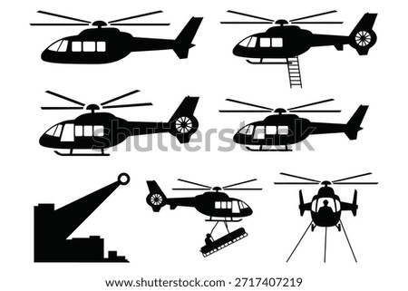 Black helicopter silhouettes various actions rotorcraft