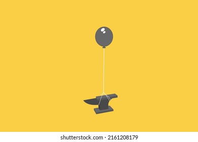 black helium balloon lifting heavy iron anvil. Concept of difficult business.