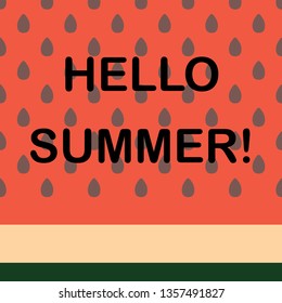 Black hello summer letters on red and green watermelon background.Vector illustration.