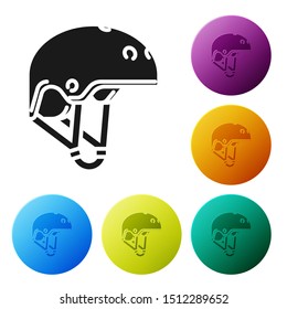 Black Helmet icon isolated on white background. Extreme sport. Sport equipment. Set icons colorful circle buttons. Vector Illustration