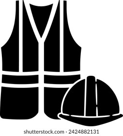 black Helmet silhouette or flat vest illustration of safety logo engineer for miner with worker icon and construction shape work as protection to mining