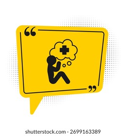 Icono de mano de ayuda negro aislado sobre fondo blanco. Símbolo amarillo de la burbuja del discurso. Vector