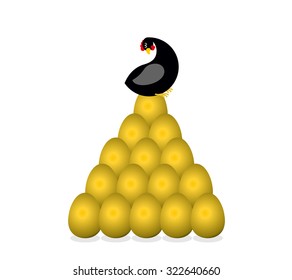 Black hen bears golden egg. Symbol of well-being and prosperity. Bird sitting on eggs from farm of yellow precious metal.