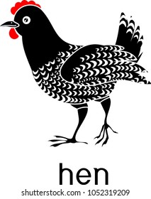 Black hen with red comb and title