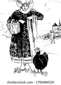 Black Hen, this scene shows a female standing near black hen, holding basket of eggs in one hand, vintage line drawing or engraving illustration