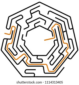 Black heptagonal maze with help on a white background