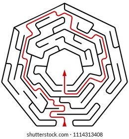 Black heptagonal maze with help on a white background