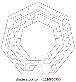 Black heptagonal maze with help on a white background